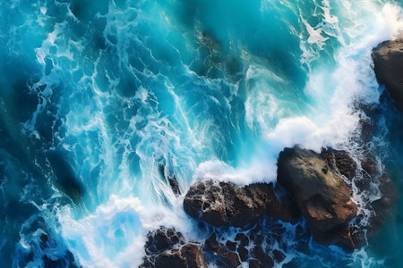 Aerial view of powerful ocean waves breaking against dark rocks. A vibrant, blue scene.の写真素材