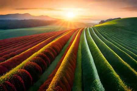 Stunning sunrise illuminates rolling hills of colorful farmland.の写真素材