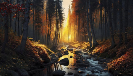 Sunlit stream flows through an autumnal forest. Peaceful scene.