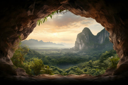 A breathtaking sunrise over a lush green valley viewed from the mouth of a dark cave.の写真素材