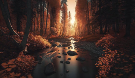 Serene autumnal forest scene with a streamの写真素材
