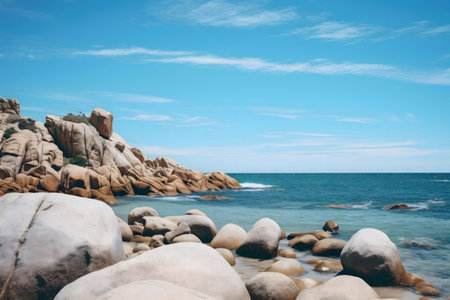 Stunning coastal scene with smooth rocks and clear blue ocean under a vibrant sky.の写真素材