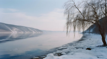 Frozen lake, snow covered banks, and a solitary tree. Winter wonderland.