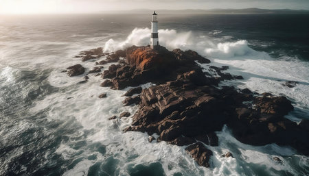 A majestic lighthouse endures fierce ocean waves crashing against rocky shore. Breathtaking aerial...