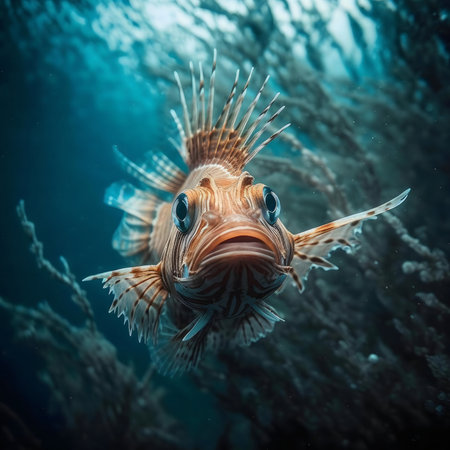 A stunning close-up of a lionfish in its natural habitat. Its vibrant colors and intricately details...