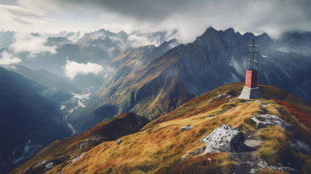 Breathtaking mountain range view, autumn colors, cloudy sky.の写真素材
