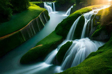 Stunning waterfalls flowing through a vibrant green forest. A serene and peaceful scene.の写真素材