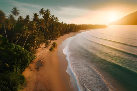 Stunning sunrise over a tropical beach. Palm trees line the shore, waves gently lapping the sand.の写真素材