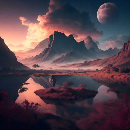 A tranquil mountain lake reflecting a stunning sunset and full moon.の写真素材