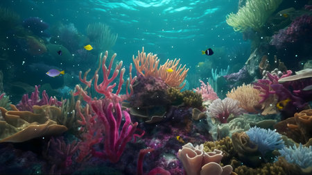 Stunning underwater scene of a vibrant coral reef teeming with life.の写真素材