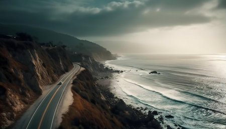 A car travels along a coastal highway with dramatic cliffs, ocean waves, and a stunning view.の写真素材