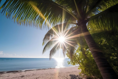 Sunbeams through palm trees, a pristine beach, and tranquil ocean. Tropical bliss.の写真素材