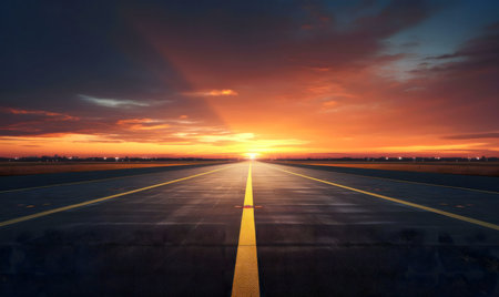 A long runway stretches towards a vibrant sunset. Journey and adventure await.の写真素材