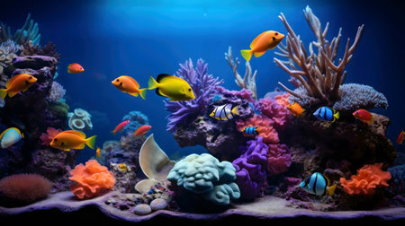 Stunning aquarium showcasing diverse fish and coralの写真素材