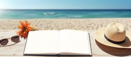 Peaceful beach scene with open book, sunglasses, hat and flowers.の写真素材