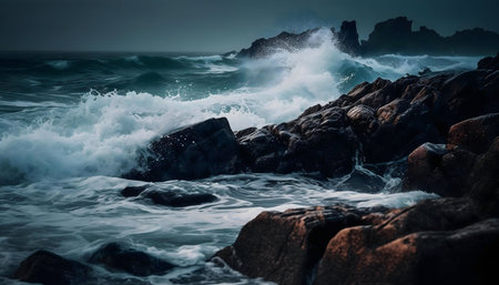 Powerful ocean waves breaking on rocky shore. Dramatic coastal scene.の写真素材