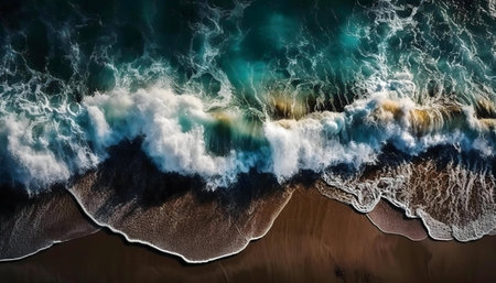 Stunning aerial shot of powerful ocean waves breaking on a sandy beach. Deep blue and turquoise water.の写真素材