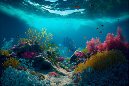 Stunning underwater scene with colorful coral reef and fishの写真素材
