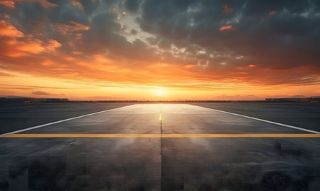 Stunning sunset over a long runway. A symbol of travel, journey, and new beginnings.の写真素材