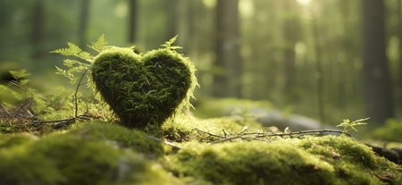 A mossy heart shape nestled in a sunlit forest. Peaceful and serene imageの写真素材
