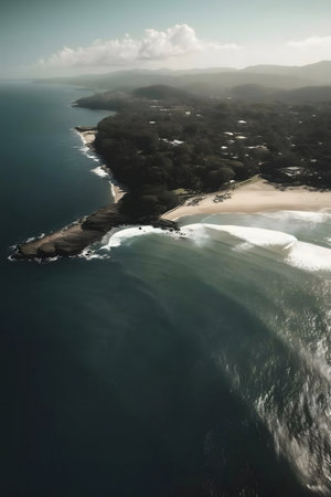 Stunning aerial shot of a pristine beach and coastline. Serene ocean waves, lush green landscape.