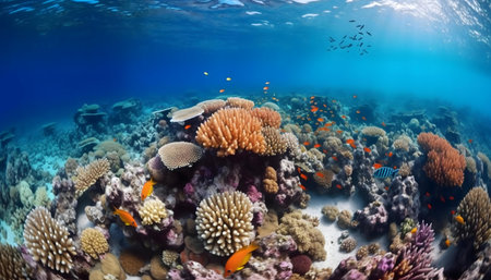 Stunning underwater scene showcasing a thriving coral reef and diverse fish. A vibrant ecosystem teeming with life.の写真素材
