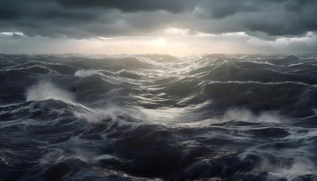 A dramatic image of a turbulent ocean under a stormy sky. The waves are high and powerful, creating a sense of raw, untamed nature.の写真素材