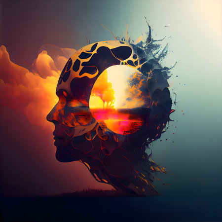 Surreal artwork depicting a head merging with a serene landscape, symbolizing inner peace and the connection between mind and nature.の写真素材