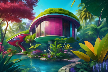 A vibrant digital illustration of a futuristic home nestled in a lush tropical paradise.の写真素材