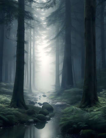 Misty morning in an enchanted forest. Serene stream flows through mossy rocks.の写真素材