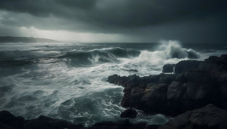 Dramatic ocean waves during a powerful storm. Dark and moody seascape photography.の写真素材