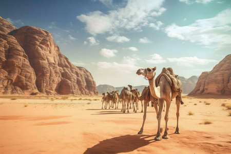 A caravan of camels crosses the Wadi Rum desert in Jordan under a bright sky.の写真素材