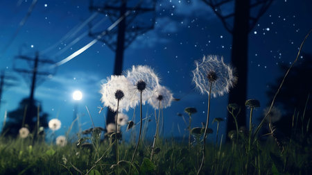 Dandelions illuminated by moonlight and stars.の写真素材