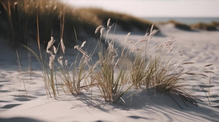 Serene beach grass bathed in sunlight.の写真素材
