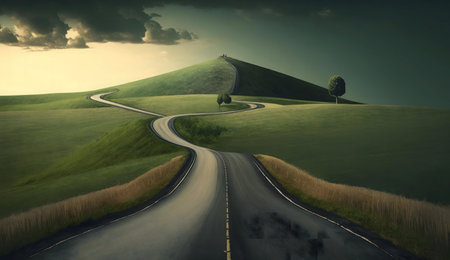 A winding road snakes through idyllic green hills under a dramatic sky. Peaceful and scenic.の写真素材