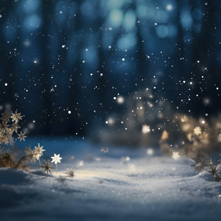 A magical winter scene, snow falling softly on a serene forest at night.の写真素材