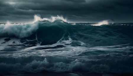 Massive waves during a storm. Dark sky and powerful ocean.の写真素材