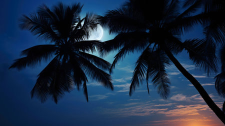 Silhouetted palm trees at night with a bright full moon in the background.の写真素材