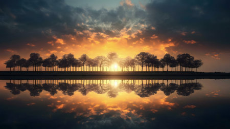 Stunning sunset reflected on a calm lake, silhouetted trees.の写真素材