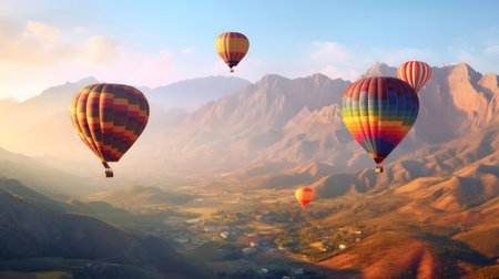 Hot air balloons fly over a stunning mountain valley at sunrise. A breathtaking viewの写真素材
