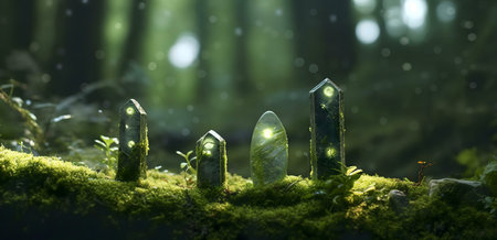 Glowing stones sit on moss in a mystical forest. A serene and magical scene.の写真素材