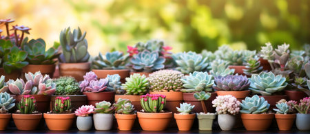 Many succulents in small terracotta pots, showing their diverse colors and textures.の写真素材