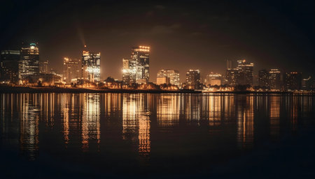 Stunning cityscape at night, reflected in calm waters.の写真素材