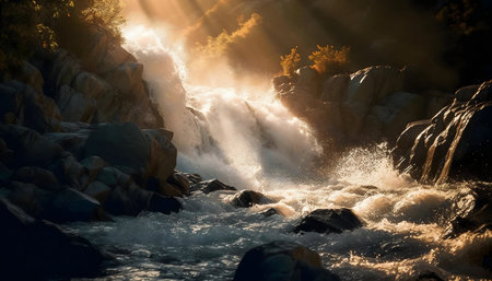 A breathtaking waterfall cascades down rocks, illuminated by the golden hour sun.
