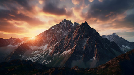 Breathtaking sunset paints the snow-capped mountains in fiery hues.の写真素材