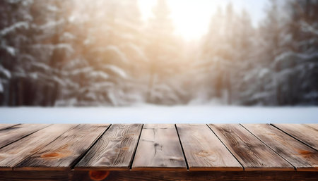 Wooden table in front of a blurred winter forest. Snowy trees and tranquil winter scene.の写真素材