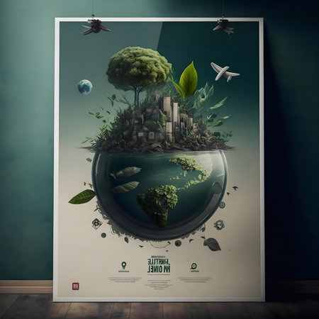 Surreal artwork depicting a miniature eco-city thriving inside a glass orb representing our planet.