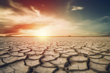 A dramatic sunset over a severely drought-stricken landscape.の写真素材