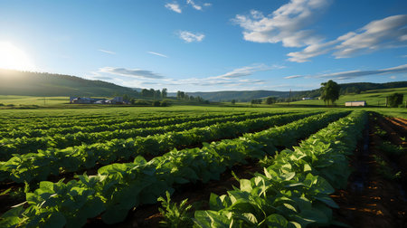 Picturesque sunrise illuminating rows of healthy crops in a vast farmland. Serenity and natural beauty abound.の写真素材