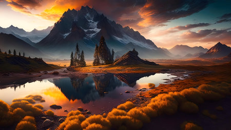 Stunning sunset over a tranquil mountain lake. The reflection is perfect.の写真素材